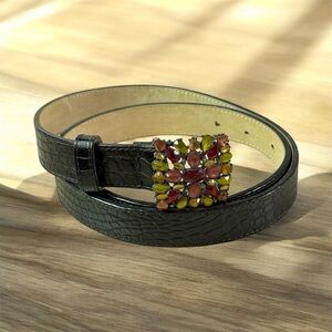 Talbots Croc Embossed Leather Belt Jeweled Buckle Dark Brown Sz M Boho